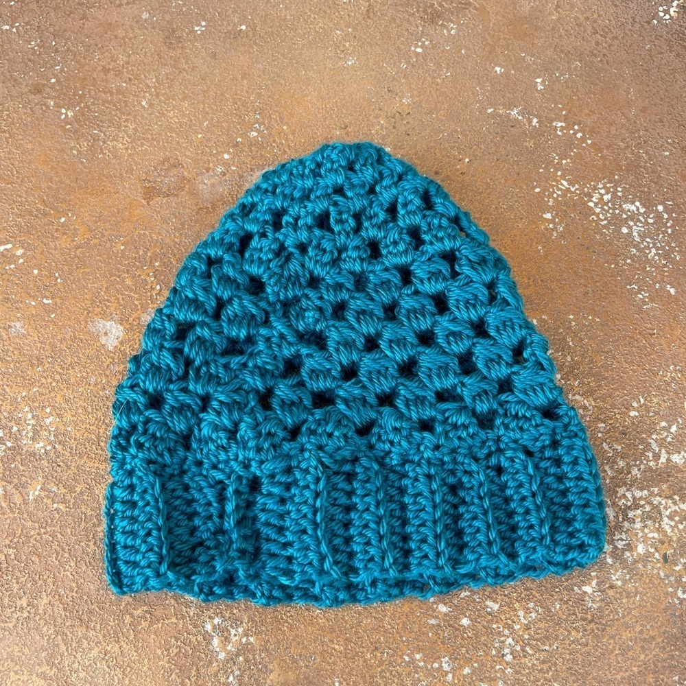Handmade knit teal beanie